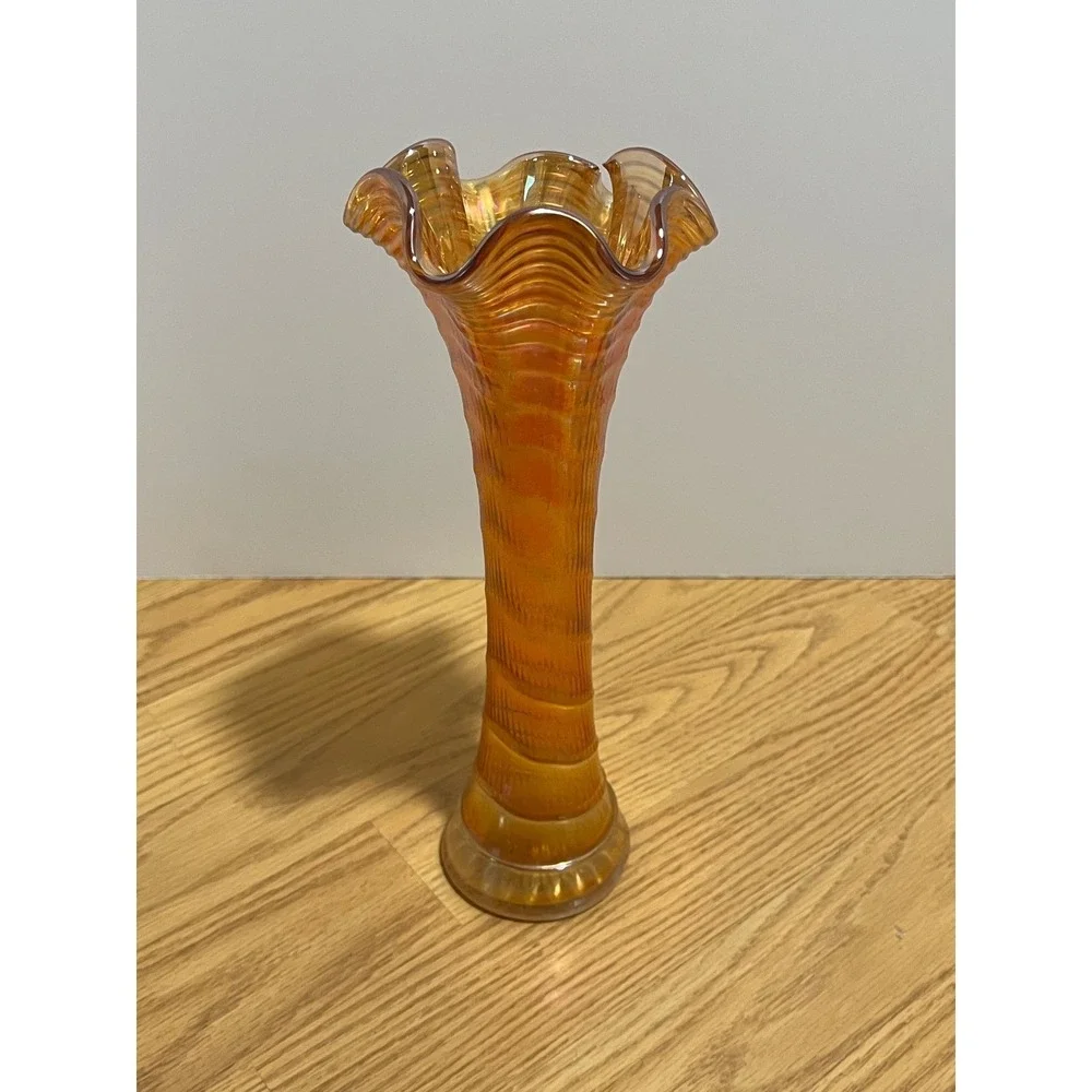 Fenton Marigold Carnival Glass Ripple Pattern Ruffled Swung Vase Iridescent 10